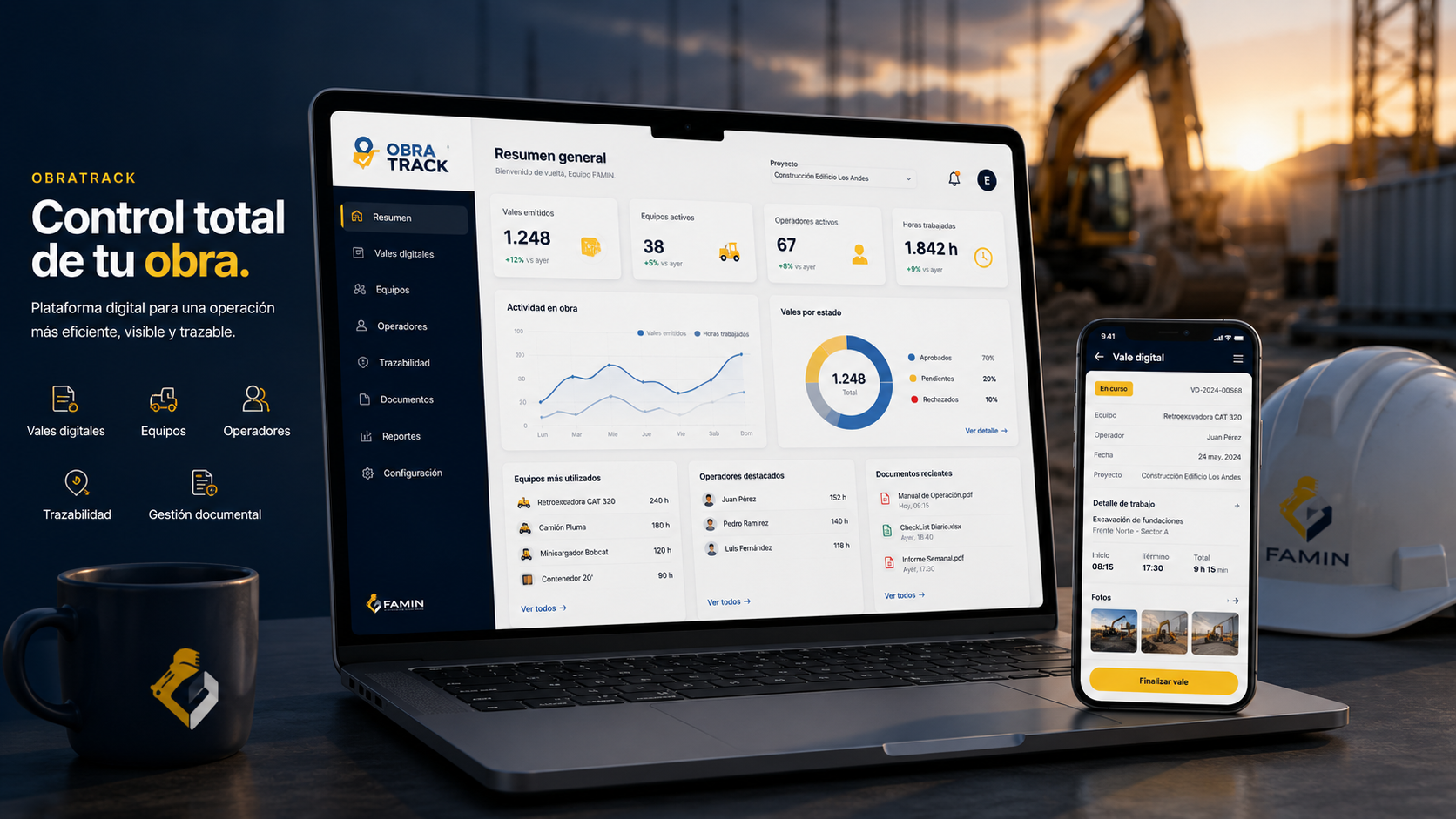 ObraTrack — dashboard premium en notebook y móvil
